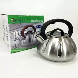 Чайник со свистком Unique UN-5303 кухонный на 3 литра, металический чайник из нержавейки. Цвет: черный