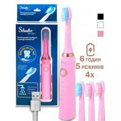 Электрическая зубная щетка Shuke SK-601 аккумуляторная. Ультразвуковая щетка для зубов + 3 насадки. Цвет: розовый